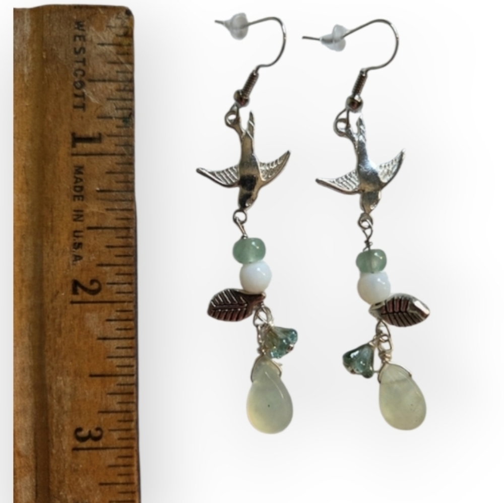 Sterling Plated Bird Earrings with Jade And Opal